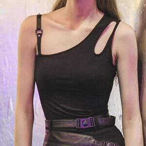 Goth Punk Women's Asymmetric tank top, black cyber gothic one shoulder shirt XS